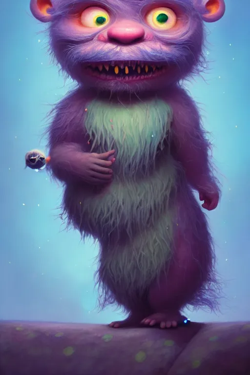 Image similar to a surreal Bioluminescent, very very very cute Hairy Troll in a happy world by Daniel Merriam, Trending on Artstation, oil on Canvas by Elena Zhurikhina and Goro Fujita and Charlie Bowater, octane render, 4k, 8k, HD