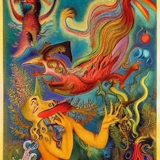 Image similar to strange mythical beasts of whimsy, surreal oil painting by Ronny Khalil and Kandinsky, drawn by Ernst Haeckel, as an offering to Zeus