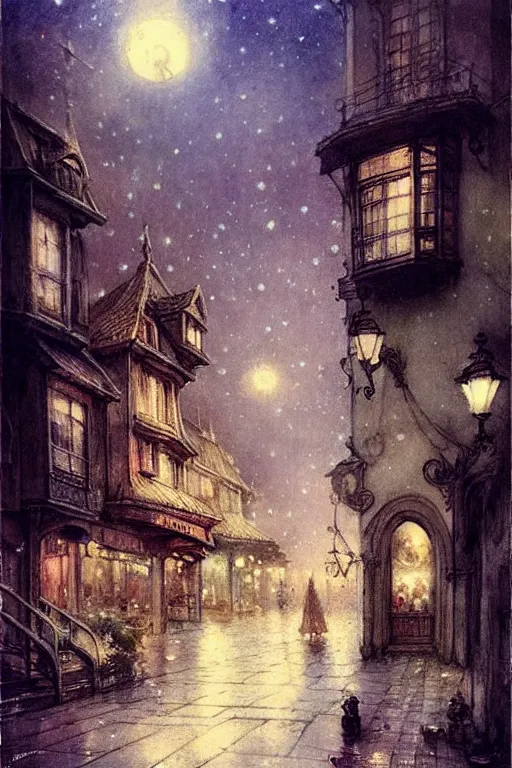 Image similar to (((((1950s fairy tale city at night . muted colors.))))) by Jean-Baptiste Monge !!!!!!!!!!!!!!!!!!!!!!!!!!!