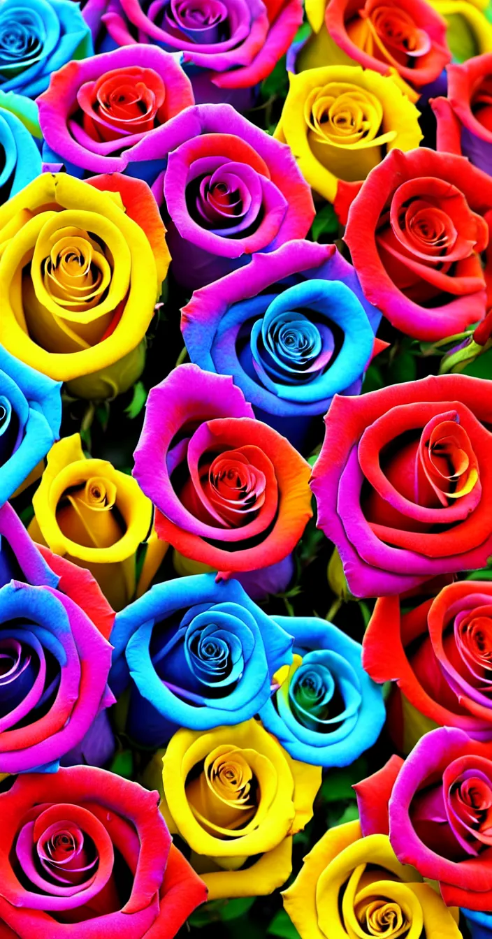 Prompt: highly detailed realistic photo of multi colored roses in glass vase, blurry background, vibrant colors, award winning masterpiece photography, hyper realistic, concept art, 8 k detail post - processing