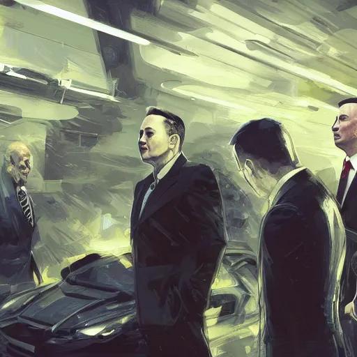 Image similar to illustration of a meeting between elon musk, mark zuckenberg, jeff bezos, very clear face, high quality, very detailled, by artgem, by david rutkowski, greg ruthowski, yoji shinkawa, ruan jia