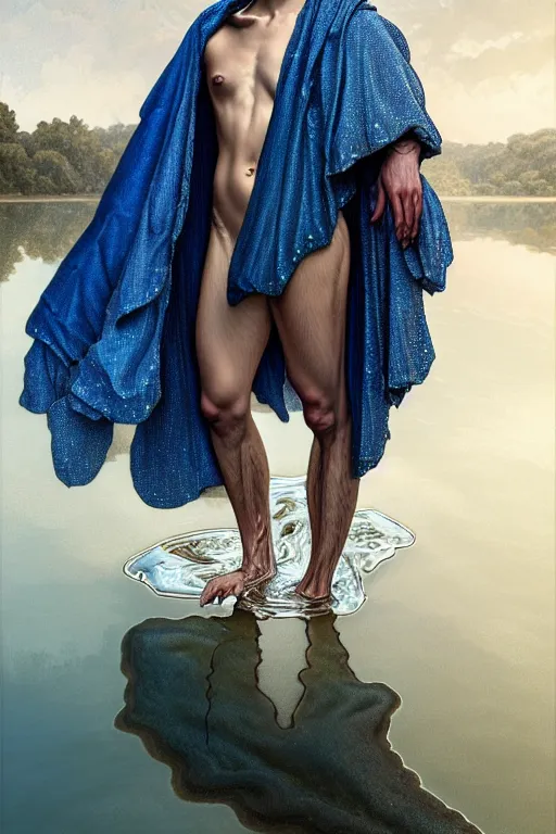 Prompt: body portrait of a young man made of water emerging from a lake, wearing a cloak, by terry o'neill intricate, elegant, highly detailed, digital painting, glistening skin, artstation, concept art, smooth, sharp focus, natural lighting, bright colors, illustration, art by artgerm and greg rutkowski and alphonse mucha, 8 k