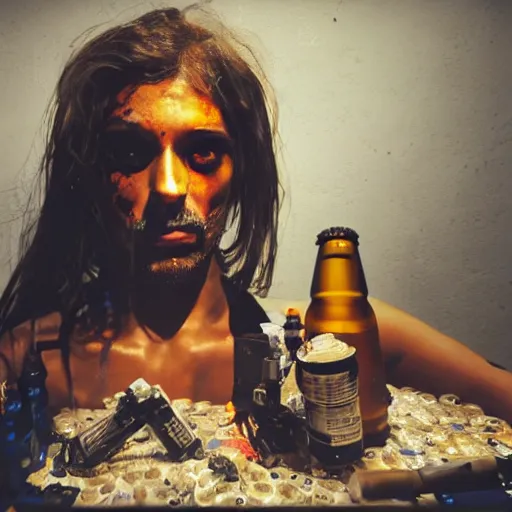 Image similar to a photo portrait of a dirty hobo creating a robogirl from the empty beer bottles and cardboard boxes. symmetry, awesome exposition, very detailed, highly accurate, professional lighting diffracted lightrays, 8 k, sense of awe