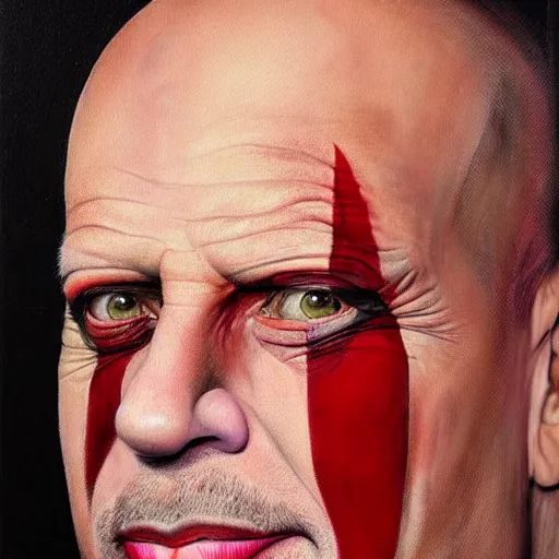 Image similar to UHD hyperrealism painting of Bruce Willis dressed as a clown, wearing clown makeup, by Antonio Caparo and Ferdinand Knab and Greg Rutkowski, UHD, photorealistic, trending on artstation, trending on deviantart, correct face, real clown makeup