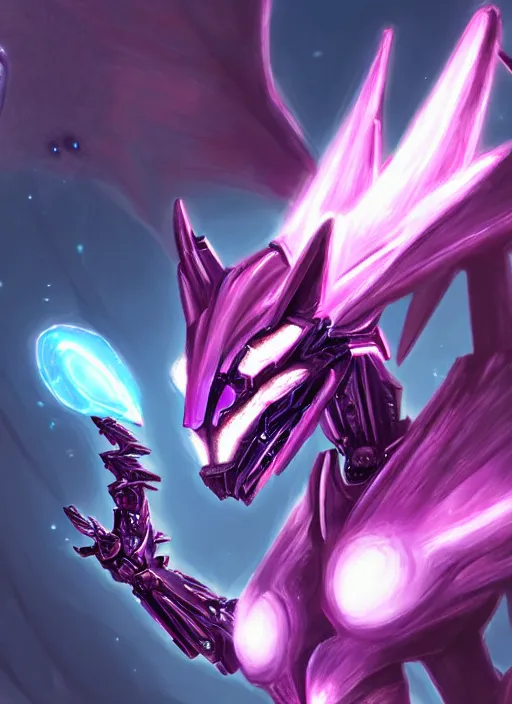 Image similar to cinematic goddess close shot, cosmic size beautiful stunning elegant hot giant robot mecha female dragon, sharp cyborg dragon head, metal ears, led glowing purple eyes, smooth fuschia skin, smooth silver armor, in space, epic proportions, macro, epic size, epic scale, furry art, dragon art, giantess art, warframe fanart, furaffinity, octane