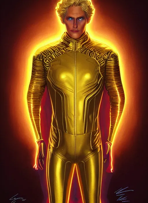 Image similar to portrait of Marvel's Adam Warlock, gold sci-fi armour, tech wear, glowing lights!! sci-fi, intricate, elegant, highly detailed, digital painting, artstation, concept art, smooth, sharp focus, illustration, art by artgerm and greg rutkowski and alphonse mucha