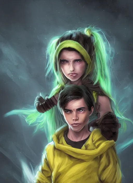 Image similar to An epic fantasy comic book style portrait painting of a mysterious ethereal young feminine green-eyed boy, expressive, angry expression, fair skin, long brown hair worn in two pigtails, his left pigtail is shorter than his right pigtail, he wears a yellow hoodie with a grey undershirt, unreal 5, DAZ, hyperrealistic, octane render, cosplay, RPG portrait, dynamic lighting