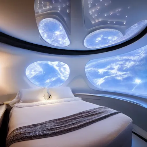 Image similar to a king size bed with a white bed set in a futuristic space ship with windows looking into outer space, beautiful lighting photograph