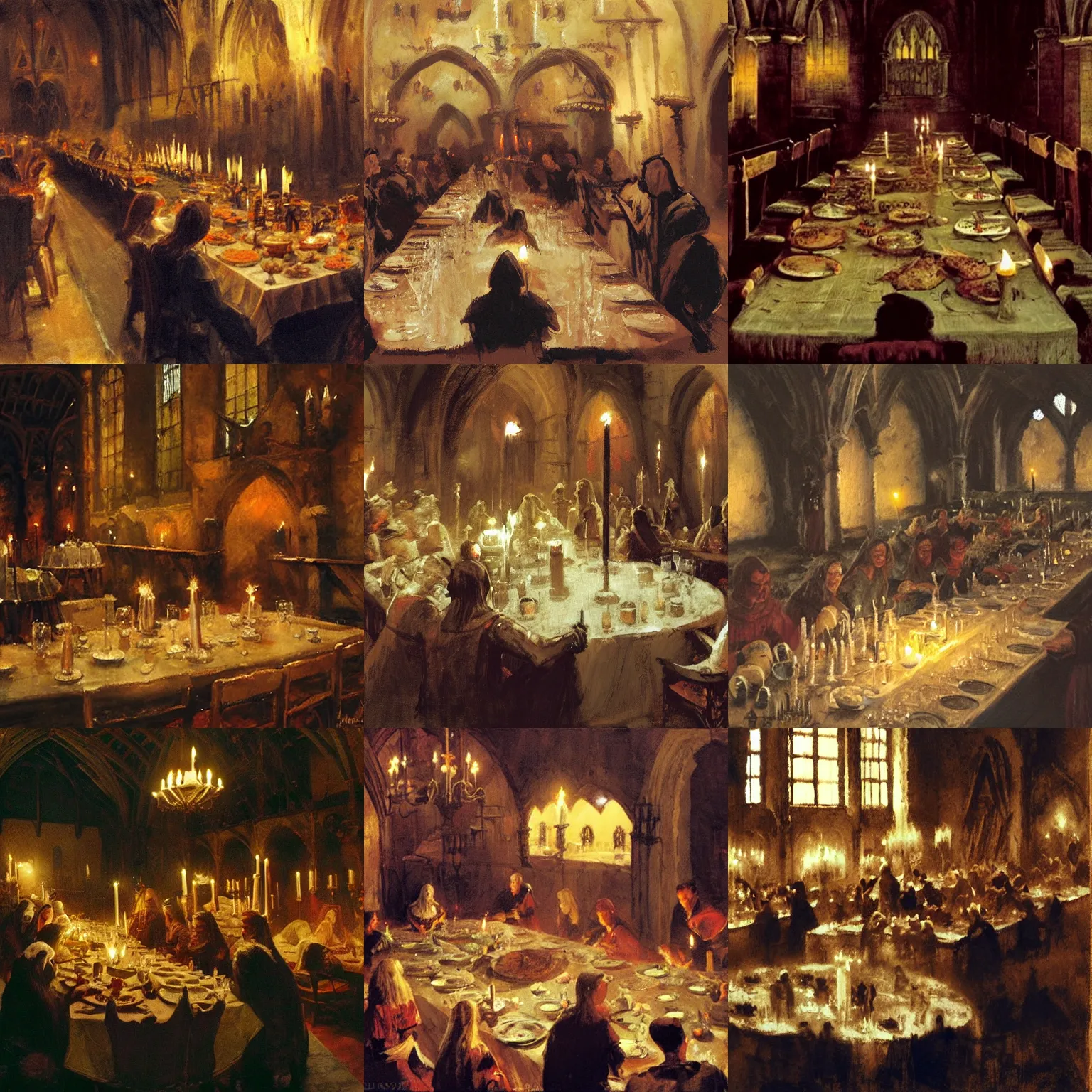 Prompt: medieval feast, castle great hall, lots of food, candles, moody, hazy, table, by greg manchess, bernie fuchs, craig mullins, walter everett