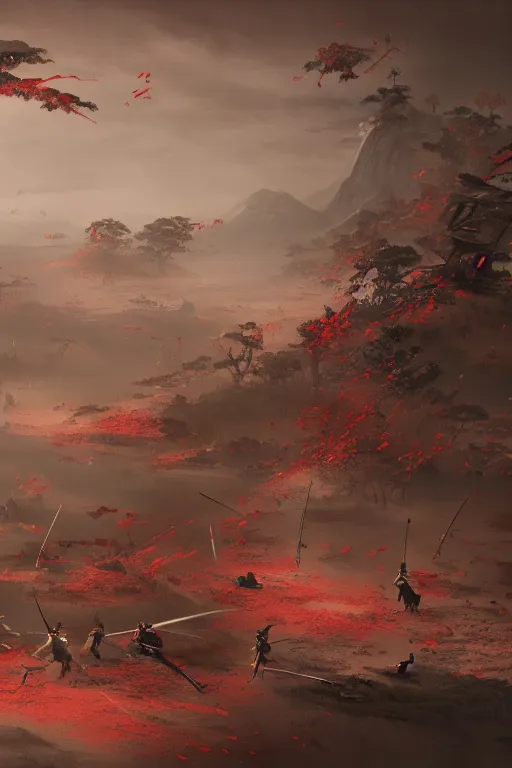 Image similar to bloodiest samurai battle in history. Sashimono. Greg rutkowski legendary matte painting.. 4k, particles light,