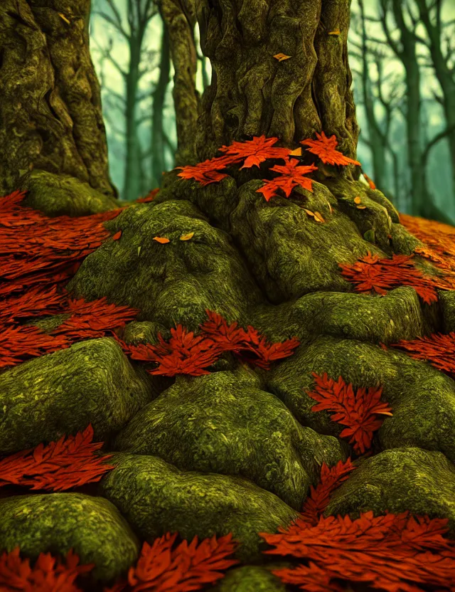 Image similar to animal god of autumn in the lichen woods. this 3 d render by an indie artist has an interesting color scheme, plenty of details and impeccable lighting.