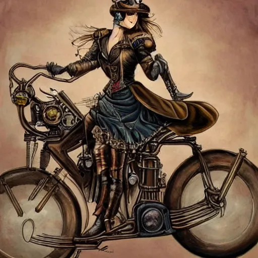 Prompt: a woman riding a steampunk motorcycle, painting, ultra detailed