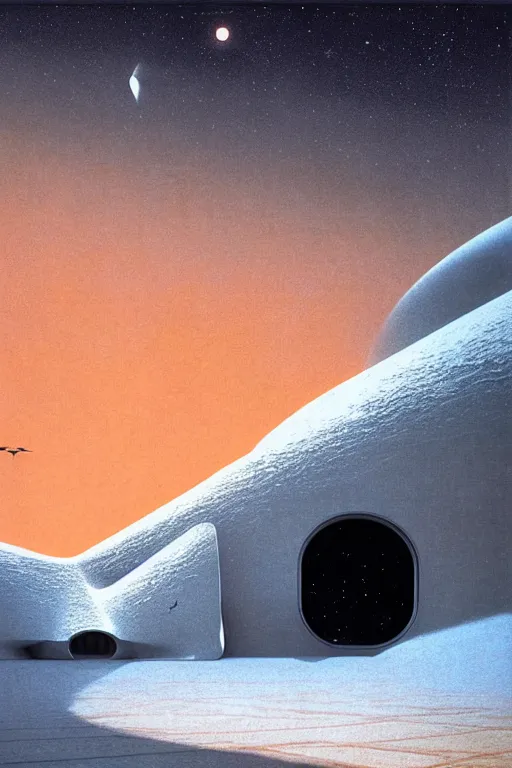 Image similar to emissary space by arthur haas and bruce pennington and john schoenherr, photo realism, cinematic matte painting, zaha hadid building in the mountains with falling snow, monochrome color palate, pink sunset,