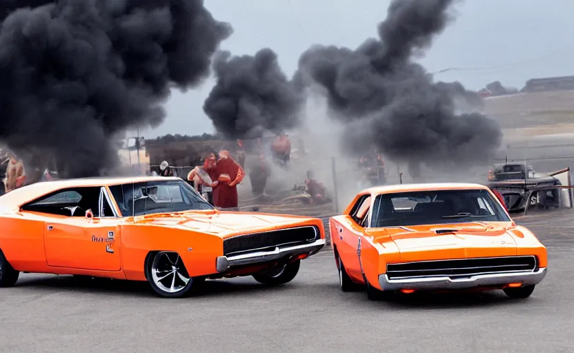 Prompt: a 1 9 6 8 dodge charger r / t drifting, explosion in the background