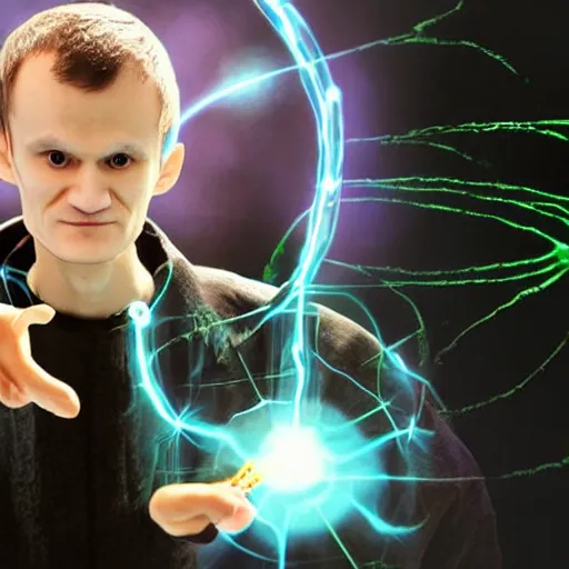 Image similar to Vitalik Buterin as an arcane wizard casting a spell - Photo manipulated by DALLE