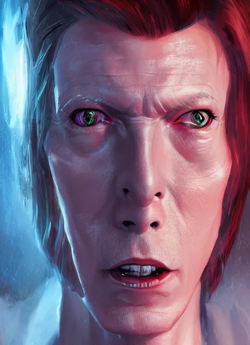 Image similar to A fantasy comic book style portrait painting of David Bowie as a cleric in a stunning fantasy fortress, unreal 5, DAZ, hyperrealistic, octane render, RPG portrait, dynamic lighting