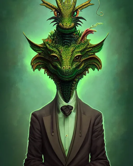 Image similar to anthropomorphic art of a businessman dragon, green dragon, portrait, victorian inspired clothing by artgerm, victo ngai, ryohei hase, artstation. fractal papers and books. highly detailed digital painting, smooth, global illumination, fantasy art by greg rutkowsky, karl spitzweg