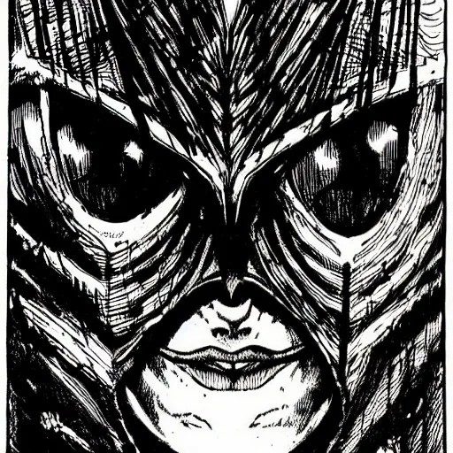 Prompt: a black and white drawing of a face, a comic book panel by philippe druillet, behance, neoism, wiccan, woodcut, tarot card