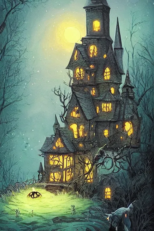 Prompt: a beautiful painting by victorianchaliscent mystical witches haunted house in a hill near the edge of a lake in the moonlight fireflies artgerm, brian kesinger