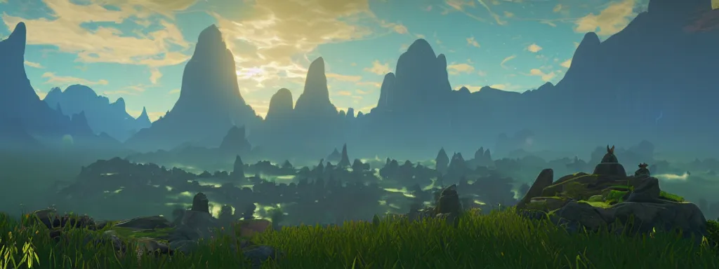 Prompt: matte painting of a magnificent ethereal valley by Zelda breath of the wild, 8k, soft volumetric fog, displacement mapped, unreal engine 5