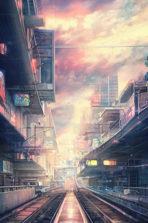 Image similar to 3d ultra realistic anime illustration, two schoolgirls flying on huge japanese elevated subway at rainy sunset. deep and complex composition. Pastel colors. style of Hiro Kiyohara anime. redshift, octane, trending on artstation, cinematic, oil painting