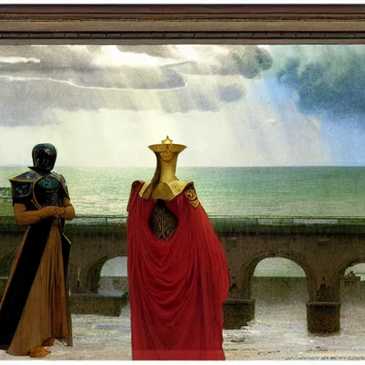 Prompt: Chalice knight leaving the castle through the bridge, thunderstorm, beach ocean on the background major arcana sky, by paul delaroche, alphonse mucha and arnold böcklin arnold böcklin hyperrealistic 8k, very detailed