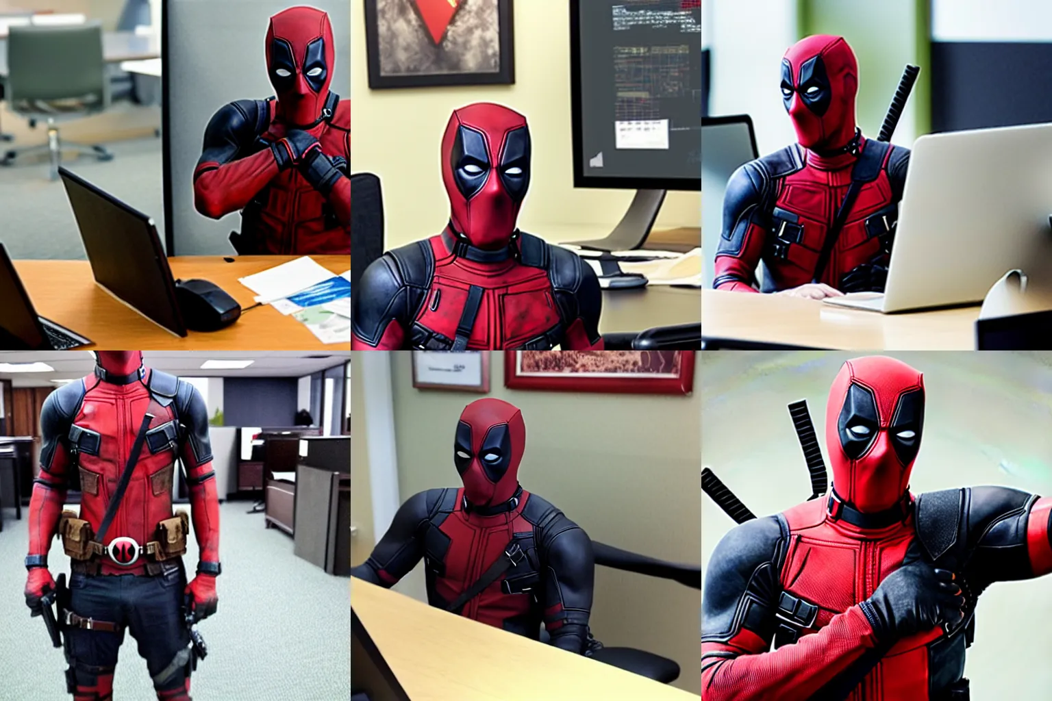 Prompt: photo of Deadpool gets an office job