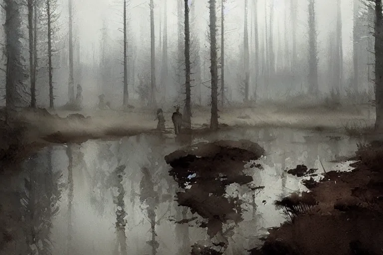Prompt: watercolor speed painting of scandinavian bog, reflective, fog, ambient lighting, art by anders zorn, wonderful masterpiece by greg rutkowski, sloppy and quick, mockup, paint smear, paintbrush strokes, bold brush