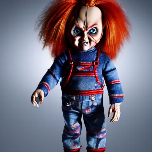Image similar to Chucky the killer doll from the movie Child's Play demonic scary creepy movie still 8k hdr scary lighting