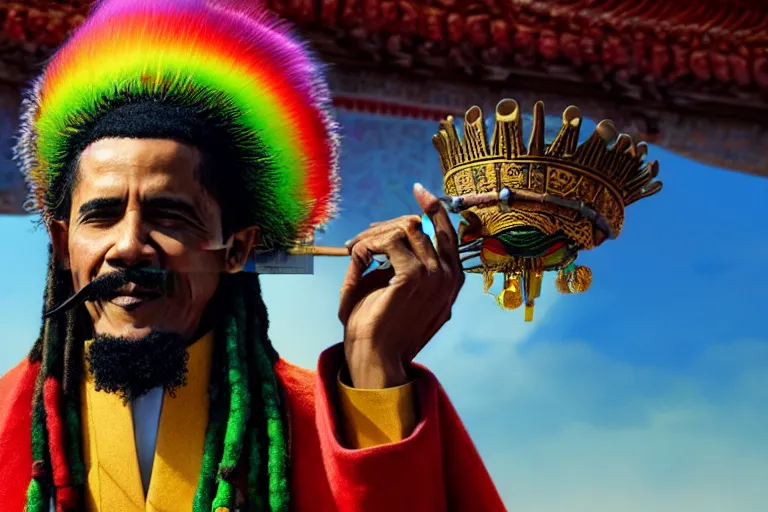 Image similar to rasta obama, on great wall of china, close up, wearing crown of bright feathers, long white moustache, artstation, fantasy, intricate, beautiful, cinematic, octane render, arnold render, 8k, hyperrealism, detailed, sharp focus, 4k uhd, masterpiece, award winning, painting by Ivan Aivazovsky and Greg Rutkowski