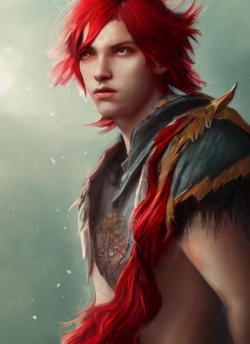 Image similar to An epic fantasy comic book style portrait painting of a young fairy boy with red wings, pointy red hair, white glowing eyes, red long hair red coat. Unreal 5, DAZ, hyperrealistic, octane render, cosplay, RPG portrait, dynamic lighting