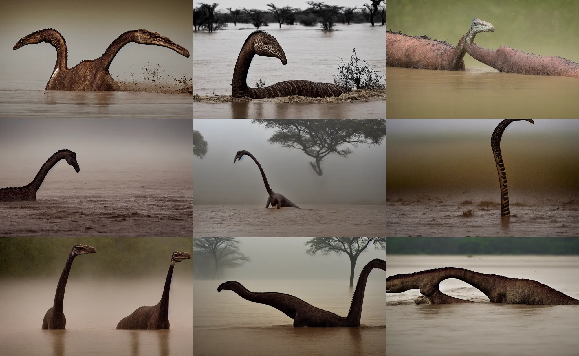 Prompt: nature photography of a long necked brontosaur in flood waters, african savannah, rainfall, muddy embankment, fog, digital photograph, award winning, 5 0 mm, telephoto lens, national geographic, large eyes