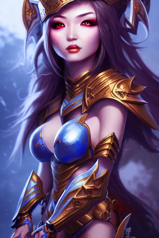 Image similar to sakimi chan, fantasy armor, detailed face, dynamic lighting, tony sart