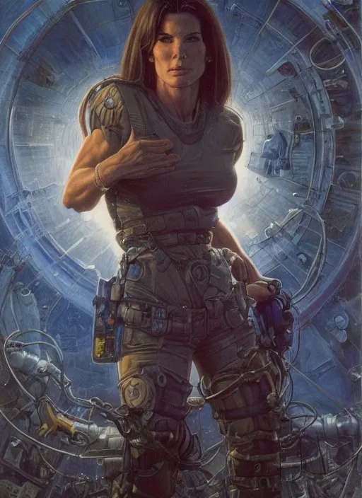 Image similar to Sandra Bullock (1990) as a muscled heroine staring into the camera, torch shadows, foggy night, intricate, elegant, highly detailed, Donato Giancola, Joseph Christian Leyendecker, WLOP, Boris Vallejo, Artgerm