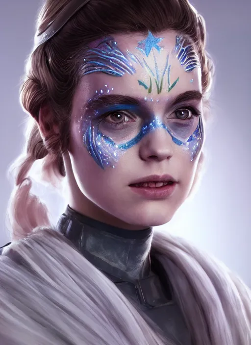 Prompt: a gorgeous princess, detailed Star Wars face paint, 8k render, ultra realistic, soft lighting, artstation, Annie Leibovitz, artgerm