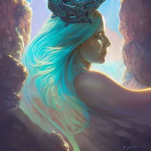 Image similar to quetzalcoatl glowing with magic, aquamarine hair, female, glacier landscape, D&D, fantasy, intricate, elegant, highly detailed, digital painting, artstation, concept art, matte, sharp focus, illustration, art by Artgerm and Greg Rutkowski and Alphonse Mucha