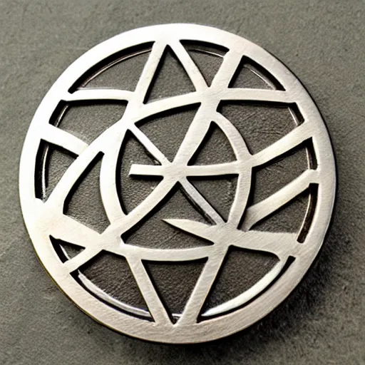 Image similar to metal round badge for clothes, atom and eternal life pattern, transhumanism, laser engraved on metal