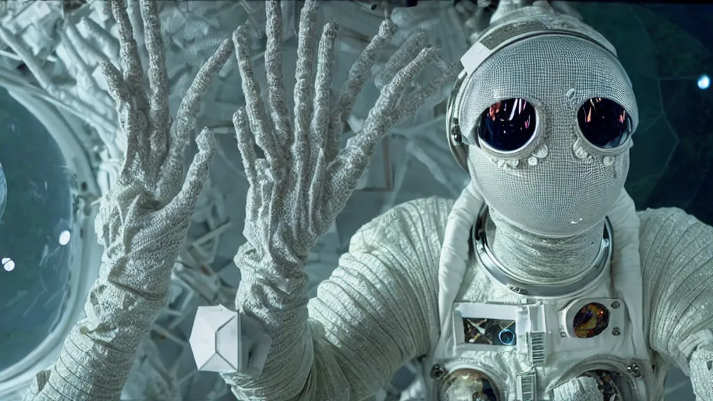 Image similar to a single astronaut eva suit made of diamond 3d fractal lace iridescent bubble 3d skin and covered with insectoid compound eye camera lenses floats through the living room, film still from the movie directed by Denis Villeneuve with art direction by Salvador Dalí, wide lens,