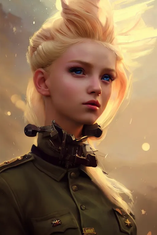 Image similar to cinematic shot of an epic portrait of a cute blonde fairy dressed in military clothes, stylised military clothes, shiny skin, beautiful eyes, beautiful, small details, night setting, realistic poster with volumetric light from craig mallism, artgerm, jeremy lipkin and michael garmash, unreal engine, radiant light, digital art, trends at art station, a masterpiece