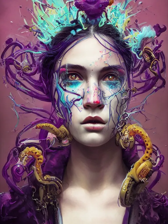 Image similar to art portrait of a furious girl with purple tentacles on her head,8k,by tristan eaton, Stanley Artgermm,Tom Bagshaw,Greg Rutkowski,Carne Griffiths,trending on DeviantArt,face enhance,hyper detailed,minimalist,cybernetic, ,full of colour