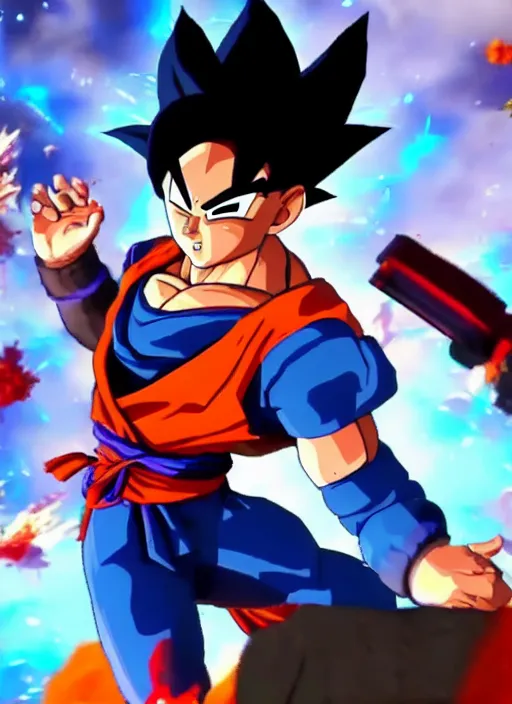 Image similar to game still of a sayan goku as a fortnite skin in fortnite by fortnite, pose.