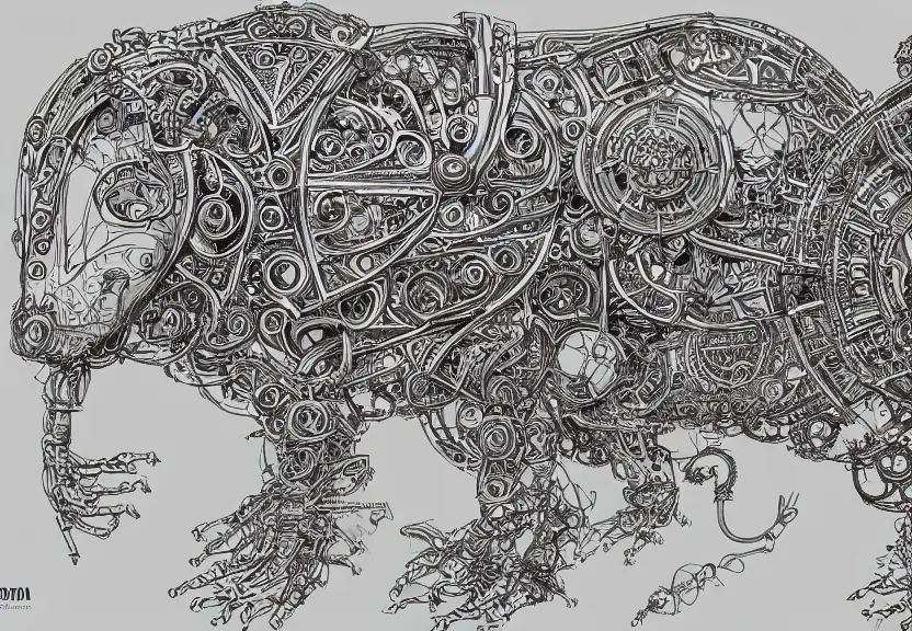 Prompt: small schematic blueprint of highly detailed ornate filigreed convoluted ornamented elaborate cybernetic rat, centered composition, full body, full frame, character design, zoomed out, art by da vinci