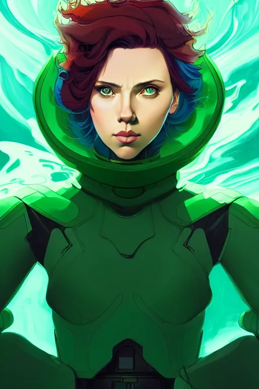 Image similar to style artgerm, joshua middleton, illustration, scarlett johansson as artificer wearing green pelt light armor, anime eyes, blue hair, swirling water cosmos, fantasy, dnd, cinematic lighting