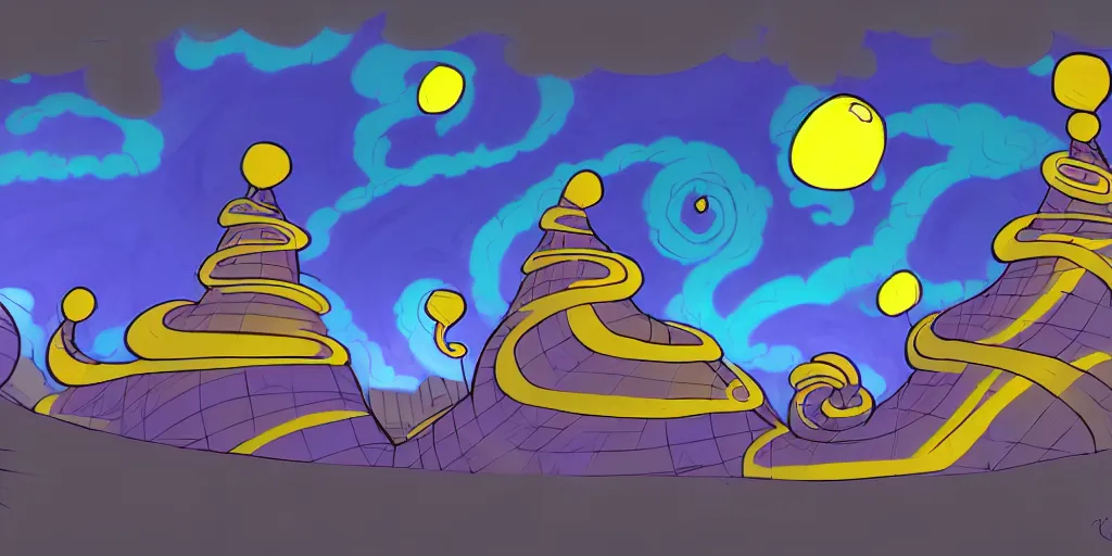 Image similar to night chubby cartoon concept art, spiral clouds, from sam and max