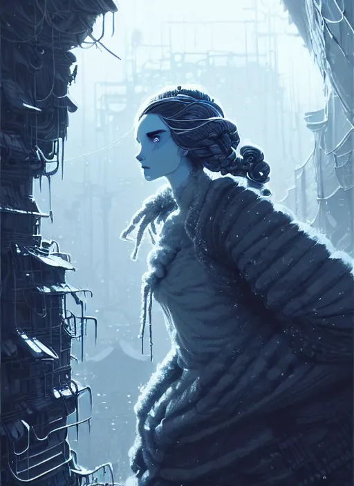 Image similar to highly detailed portrait of a frostpunk long curly white hair tribal lady, stray wiring by atey ghailan, james gilleard, by joe fenton, by greg rutkowski, by greg tocchini, by kaethe butcher, 4 k resolution, gradient blue, black and white color scheme!!! ( ( glaciated robotic dystopian city background ) )