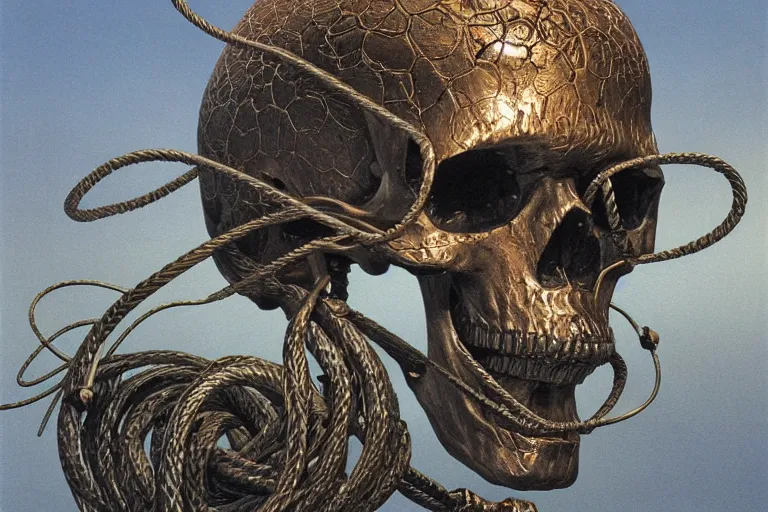 Prompt: large metallic skull atop coiled steel cable, style by caspar david friedrich and wayne barlowe and ted nasmith.