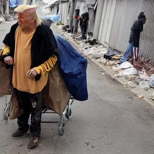 Image similar to donald trump dressed as a homeless man living in the slums