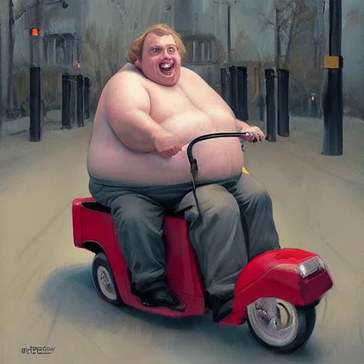 Prompt: hyper realistic absurd, silly, making faces, obese steve buscemi riding a tiny tricycle, painted by greg rutkowski, wlop, artgerm