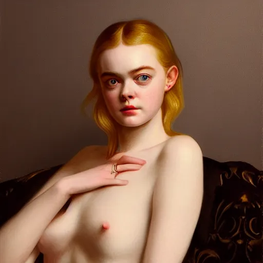 Image similar to Elle Fanning in a dark room, artstation, by J. C. Leyendecker and Peter Paul Rubens, Extremely detailed. 4K. Award winning.