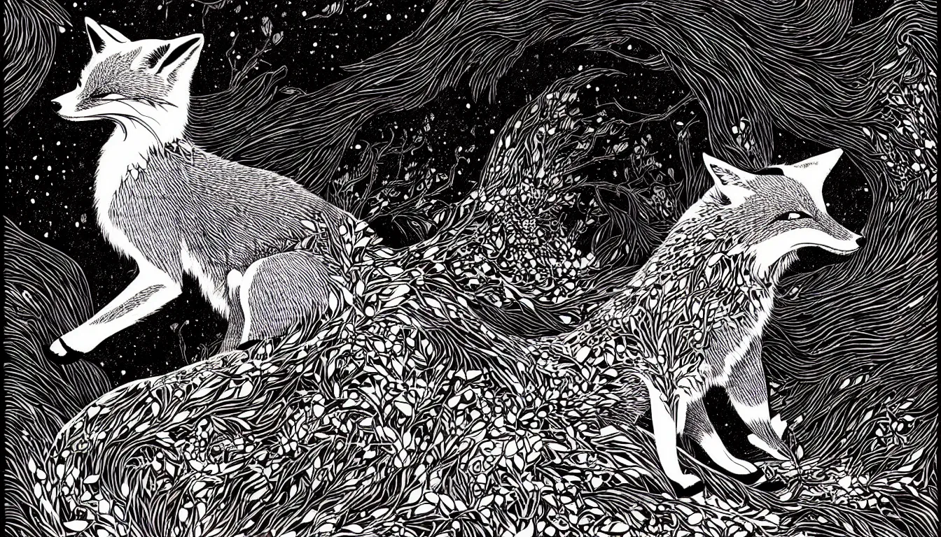 Prompt: fox by woodblock print, nicolas delort, moebius, victo ngai, josan gonzalez, kilian eng